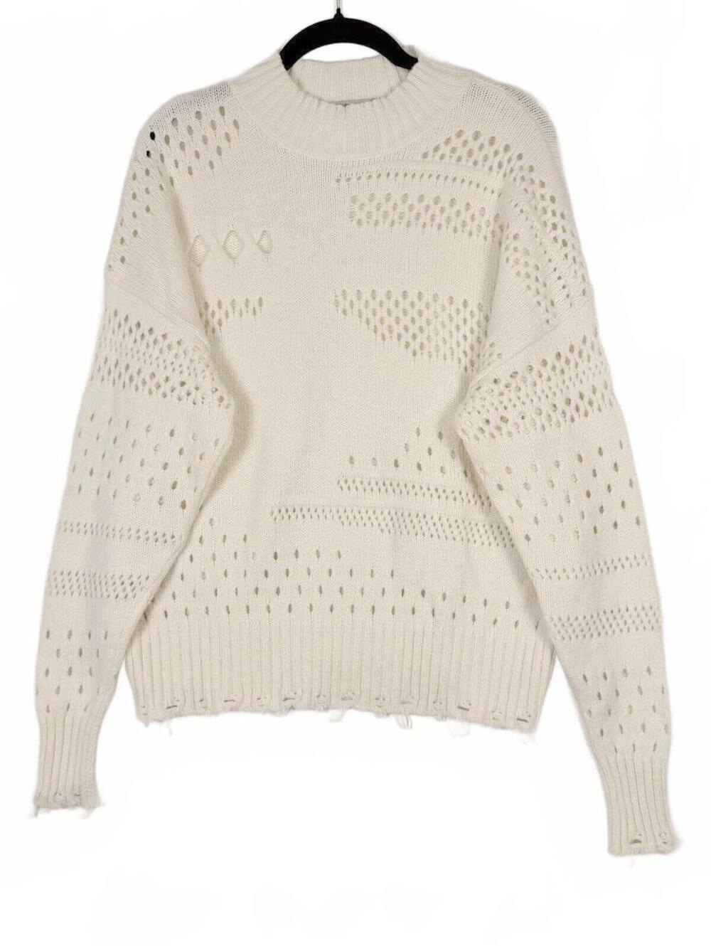Autumn Cashmere‎ Distressed Pointelle Mock Neck Sweater Ivory Open Knit Small